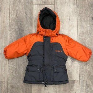 Carter’s Boys Winter Puffer Jacket Hoodie Fleece Lining Zip Front Gray Orange 12